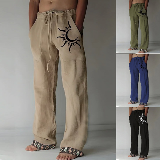 👖🌙【Reducere 50% 🔥】【S–6XL】Pantaloni bărbătești noi din bumbac și in, cu model de lună, cu crac drept și croială lejeră, mărimi mari