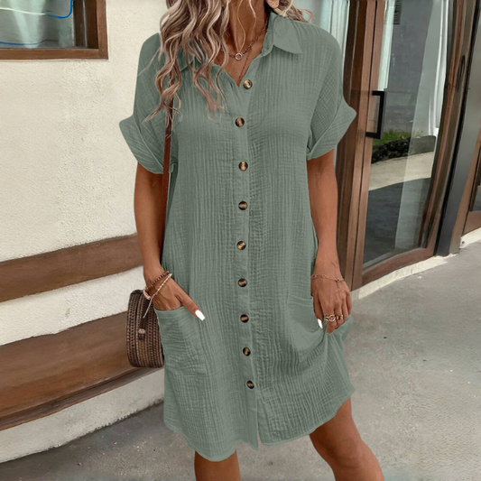 🎁【50% kedvezmény 🔥】【S–2XL】😍2025-ös nyári, rövid ujjú, pamut-len utazóruha – könnyű és légáteresztő