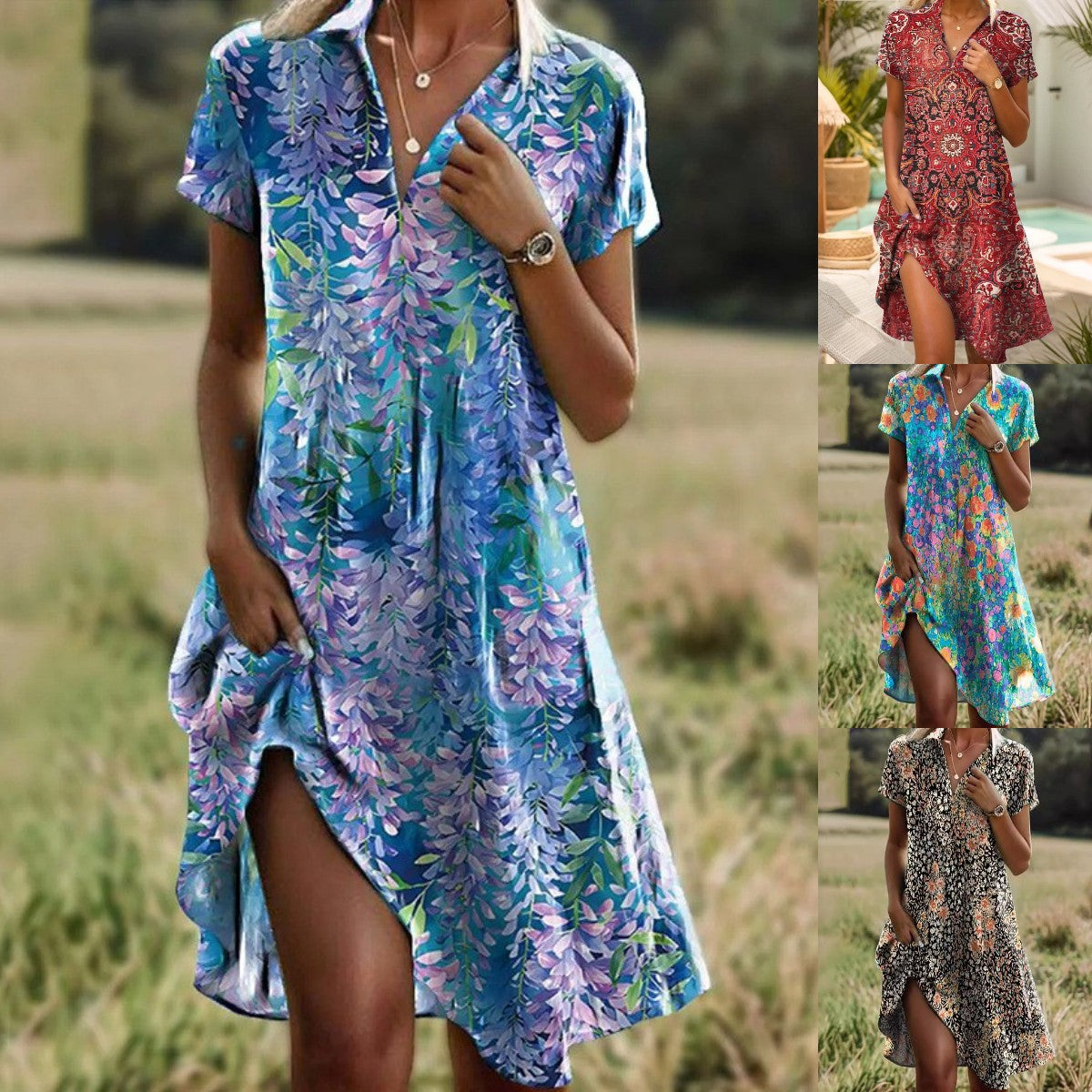 👔👗【Sleva 50 % ✨】【XS–3XL】Letní nové boho šaty s krátkým rukávem, výstřihem do V a stojacím límečkem, s potiskem