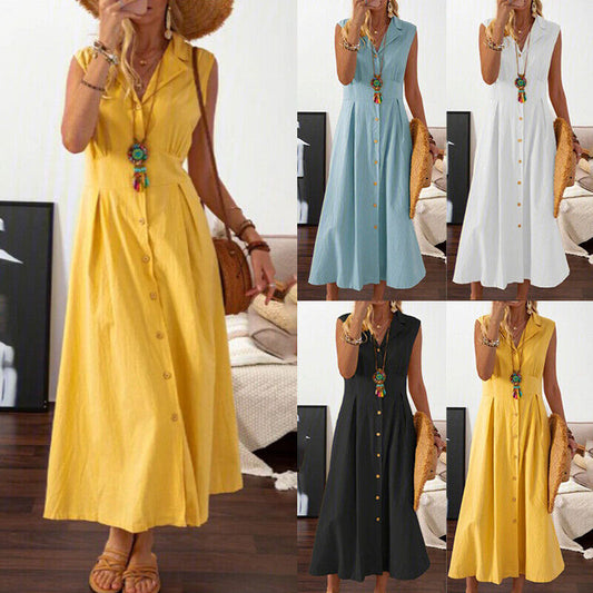 🎀💃【50% kedvezmény 💥】【S–3XL】Plus size női pamut-len ruha, blézergallérral és gombokkal, könnyű és légáteresztő