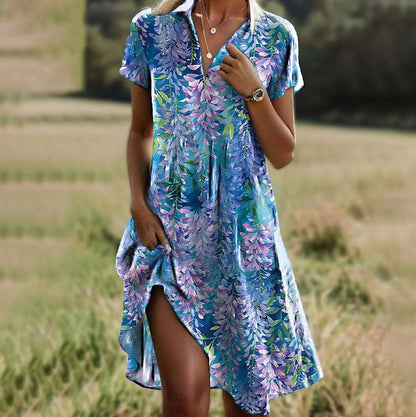 👔👗【Sleva 50 % ✨】【XS–3XL】Letní nové boho šaty s krátkým rukávem, výstřihem do V a stojacím límečkem, s potiskem