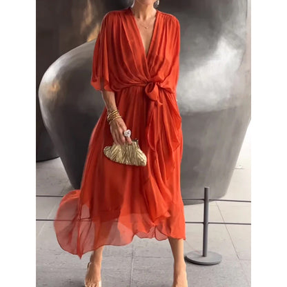 💟【S-5XL】👗 Vícebarevné krajkové šifonové šaty s netopýřími rukávy