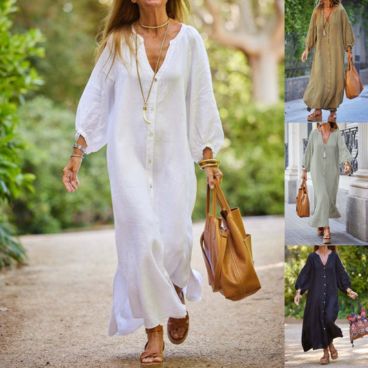 👚💃【Sleva 50 % 🔥】【S–3XL】👗 Dámské dlouhé košilové šaty s výstřihem do V z bavlny a lnu ve větších velikostech