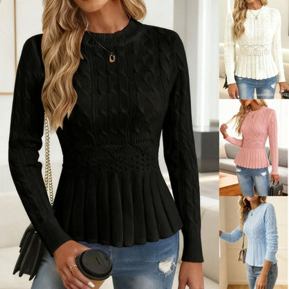 🎀Popust -47%🔥Novi retro pleteni džemper s okruglim izrezom i dugim rukavima za žene - uski struk, plisirani gornji dio