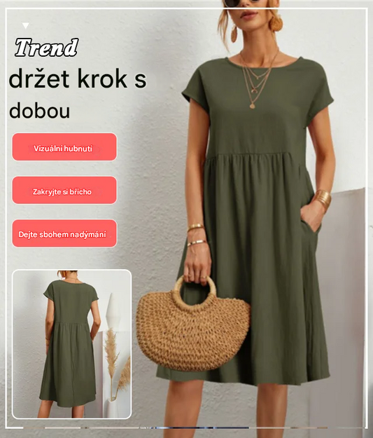 🌈💃【Sleva 50 %】【S–2XL】😍 Letní dámské šaty ve větších velikostech, volný OL styl, áčkový střih, kulatý výstřih