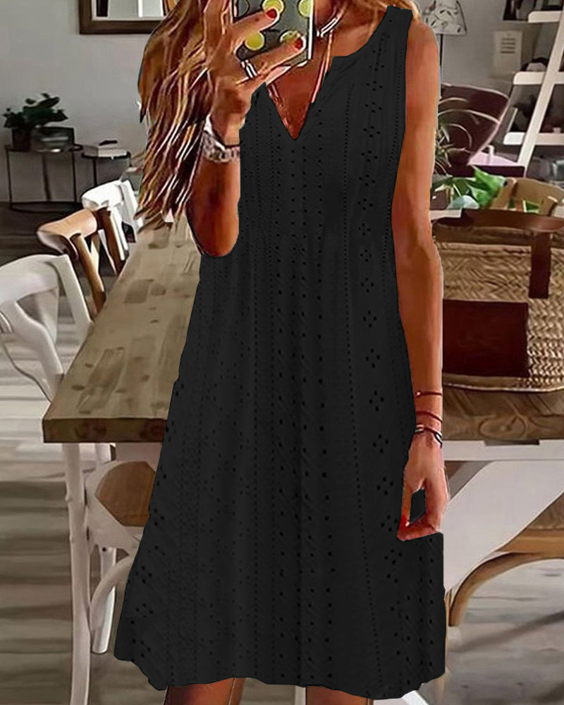 🧚‍♀️【Sleva 50 % 🔥】【S–5XL】😍 Nové letní dámské šaty ve větších velikostech, jednobarevné, bez rukávů, s výstřihem do V a prodyšným žakárovým vzorem