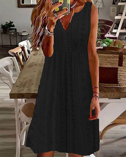 🧚‍♀️【Sleva 50 % 🔥】【S–5XL】😍 Nové letní dámské šaty ve větších velikostech, jednobarevné, bez rukávů, s výstřihem do V a prodyšným žakárovým vzorem