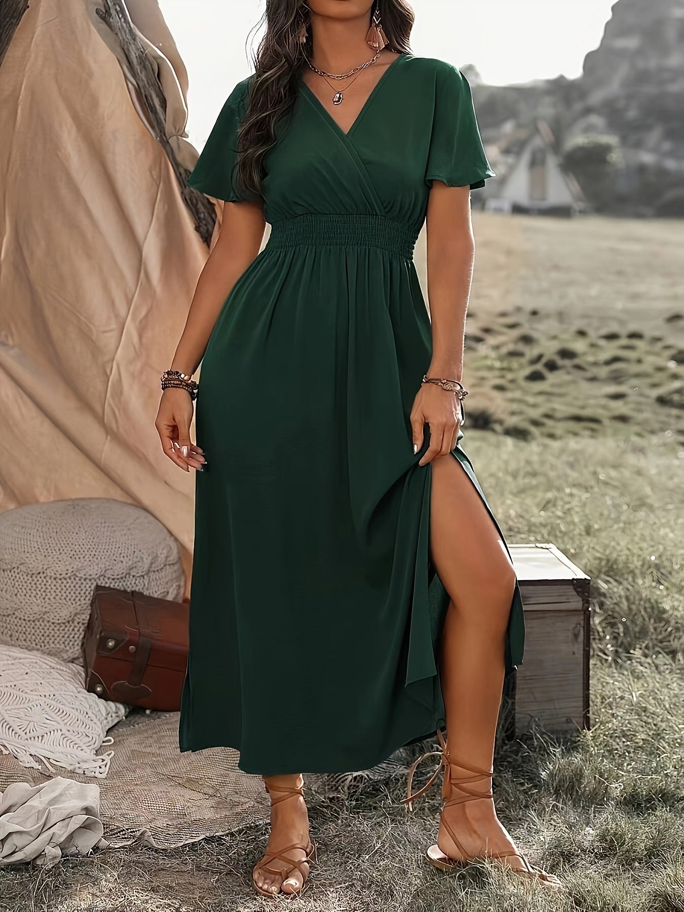 👩‍🌾💃【Sleva 50 % 🔥】【S–5XL】💖 Nové jednobarevné dlouhé šaty s výstřihem do V a rozparkem, ve větších velikostech, s volnými rukávy a elastickým pasem