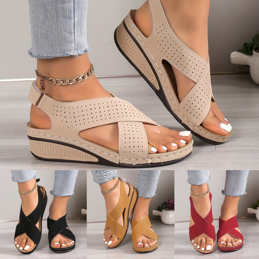✨👡【Sleva 50 % 🔥】【35–43】Dámské sandály s výřezy, na silné podrážce a klínovém podpatku, na suchý zip, dostupné i ve větších velikostech