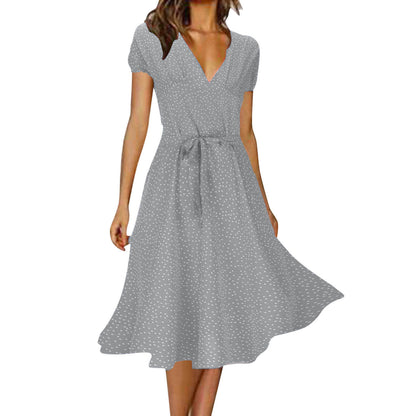 🌈💃【Sleva 50 % 🔥】👗😍 Nové dámské šaty 2025 ve větších velikostech s výstřihem do V a krátkými rukávy, květinové šaty s puntíky ve větších velikostech