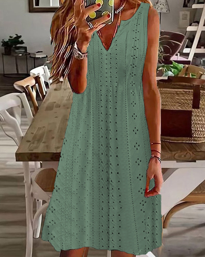 🧚‍♀️【Sleva 50 % 🔥】【S–5XL】😍 Nové letní dámské šaty ve větších velikostech, jednobarevné, bez rukávů, s výstřihem do V a prodyšným žakárovým vzorem