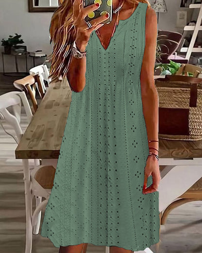 🧚‍♀️【Sleva 50 % 🔥】【S–5XL】😍 Nové letní dámské šaty ve větších velikostech, jednobarevné, bez rukávů, s výstřihem do V a prodyšným žakárovým vzorem