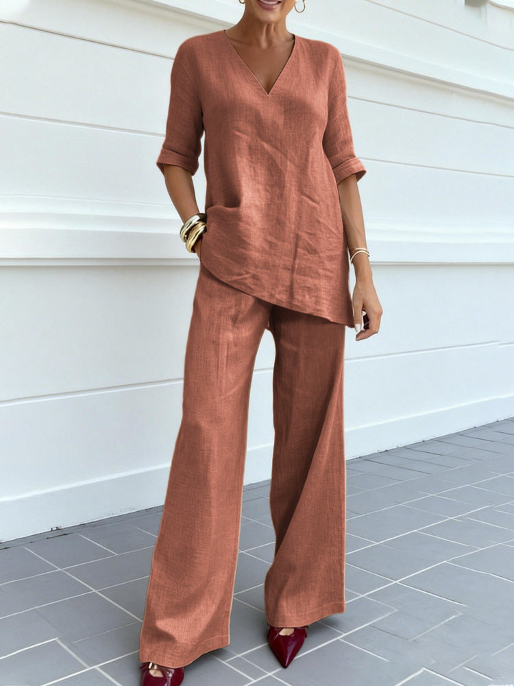❤️50%Popust 💥【40-100kg】2026 Pamučno-laneni jednobojni top s pola rukava i V-izrezom + ravne ležerne hlače ✅️Plaćanje pouzećem