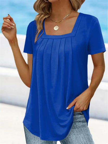 🌈👚【Kup 1, získej 1 zdarma 🔥】【S–5XL】Jednobarevné volné dámské tričko s hranatým výstřihem, ve větších velikostech, s krátkým rukávem, 8 barev