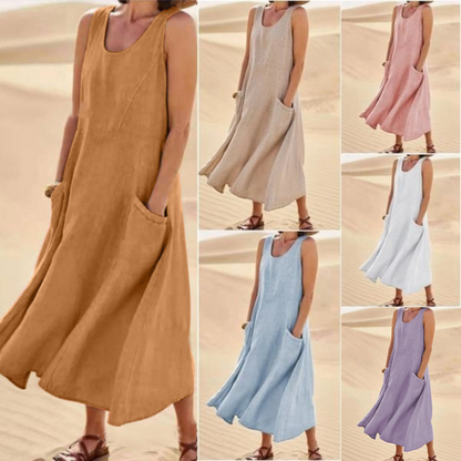🌈👗【50% sleva 🔥】【12 barev, S-5XL】💖 Nové letní elegantní šaty bez rukávů z bavlny a tencelu s kulatým výstřihem
