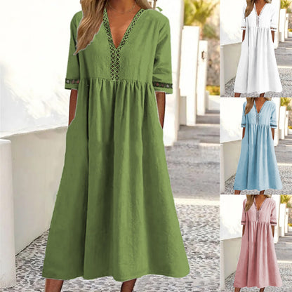👗【– 50% zniżki 🔥】😍 Sukienka wiosenno-letnia z krótkim rękawem i dekoltem w serek z koronki ✅️Płatność przy odbiorze