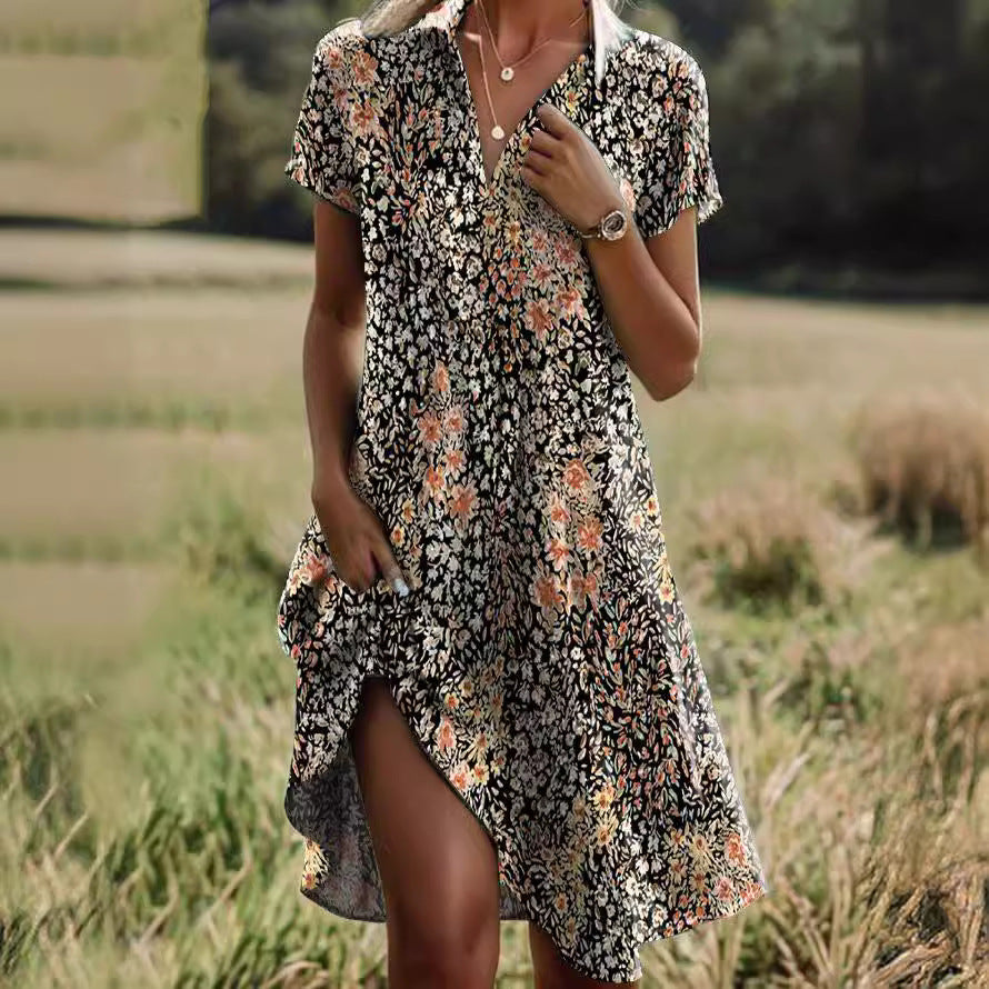 👔👗【Sleva 50 % ✨】【XS–3XL】Letní nové boho šaty s krátkým rukávem, výstřihem do V a stojacím límečkem, s potiskem