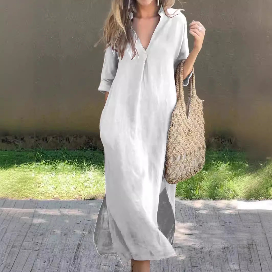🌿💃【Sleva 50 % 🔥】【S–3XL】Dlouhé lněné šaty s výstřihem do V a rozparky, pohodlné a lehké na léto