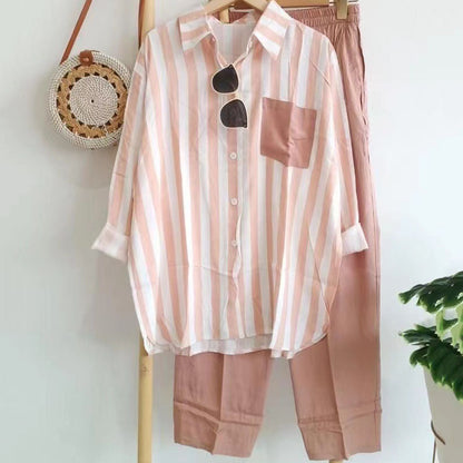 🔥Oferta por tiempo limitado🔥【Top + Pantalones】 (40-120 kg) Traje casual, holgado, a rayas y transpirable ✅️Pago contra entrega ✅️2 artículos con un 70% de descuento