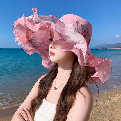 🎀【Kupte 1 a získejte 1 zdarma ✨】👒 Dámský letní plážový klobouk z bavlny a lnu s vlnitým okrajem, nositelný z obou stran
