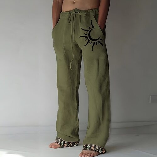 👖🌙【Reducere 50% 🔥】【S–6XL】Pantaloni bărbătești noi din bumbac și in, cu model de lună, cu crac drept și croială lejeră, mărimi mari