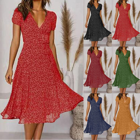 🌈💃【Sleva 50 % 🔥】👗😍 Nové dámské šaty 2025 ve větších velikostech s výstřihem do V a krátkými rukávy, květinové šaty s puntíky ve větších velikostech