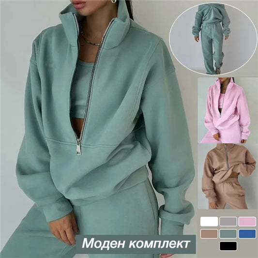 ✨Плащане при доставка ✅【S-5XL】Дамски комплект от две части - подсилен суитшърт и спортен панталон, ежедневно спортно облекло