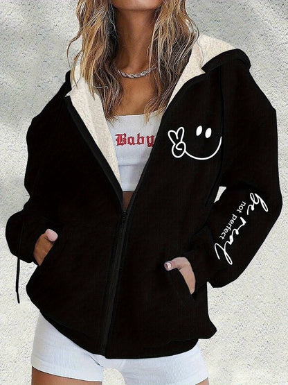 😀【S-5XL】Nová zimní dámská módní bunda s kapucí a potiskem usměvavé tváře