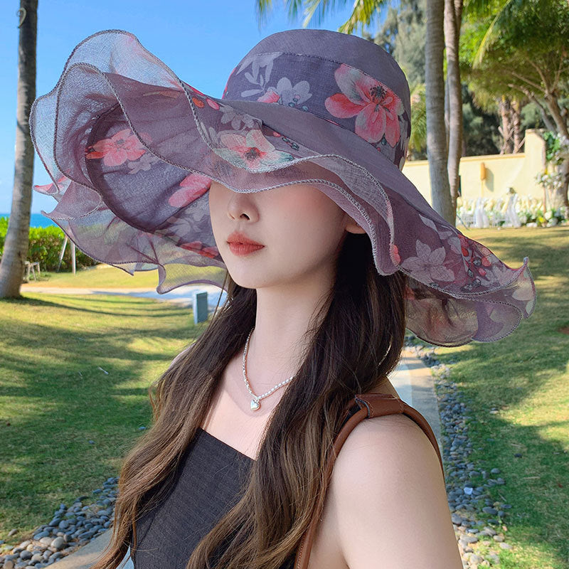 🎀【Kupte 1 a získejte 1 zdarma ✨】👒 Dámský letní plážový klobouk z bavlny a lnu s vlnitým okrajem, nositelný z obou stran