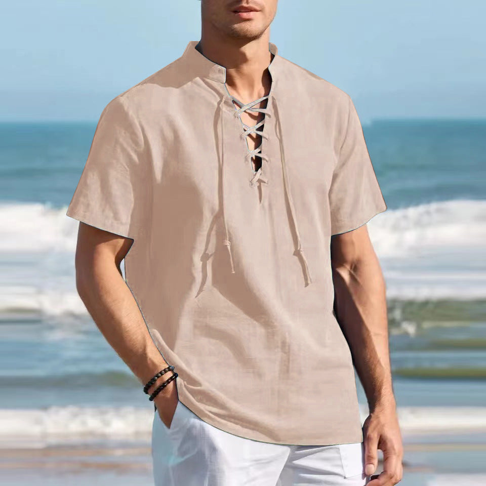 🏄‍♂️👔【Sleva 50 % 🔥】【S–3XL】Pánské Henley tričko z bavlny a lnu, ve větších velikostech, s výstřihem do V a dekorativní šňůrkou