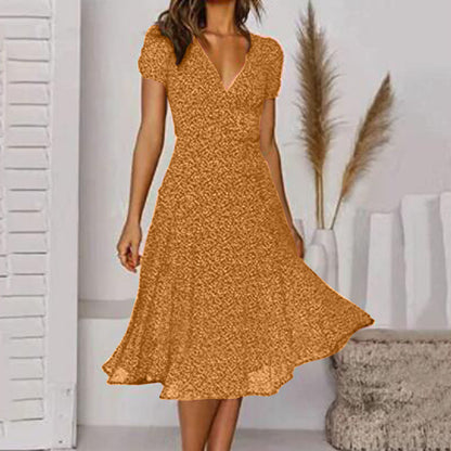 🌈💃【Sleva 50 % 🔥】👗😍 Nové dámské šaty 2025 ve větších velikostech s výstřihem do V a krátkými rukávy, květinové šaty s puntíky ve větších velikostech
