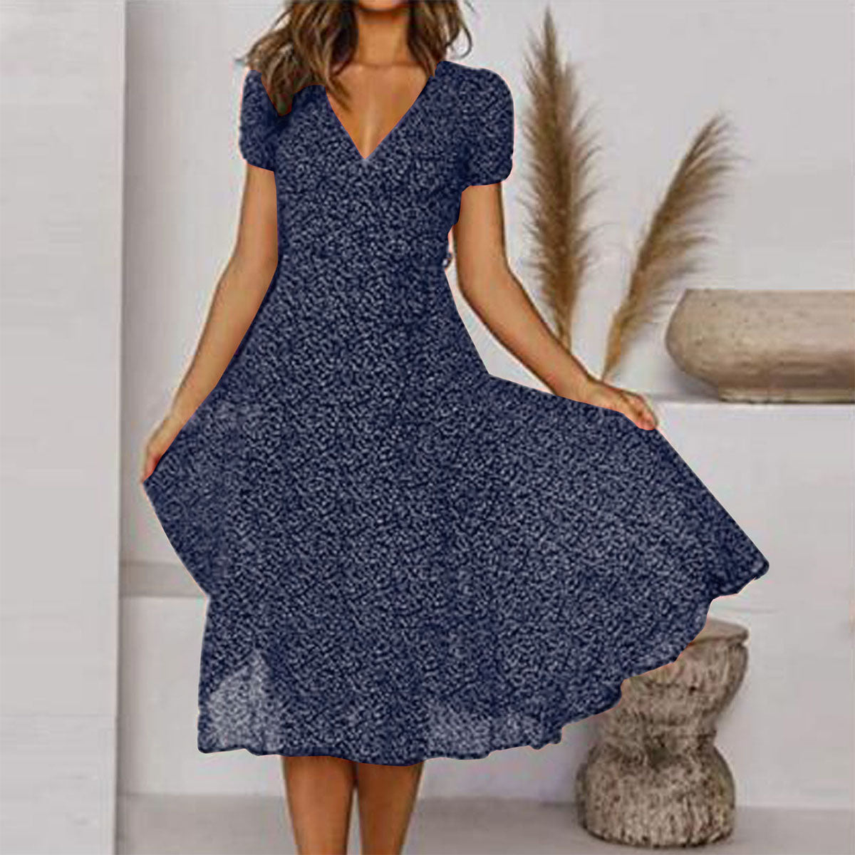 🌈💃【Sleva 50 % 🔥】👗😍 Nové dámské šaty 2025 ve větších velikostech s výstřihem do V a krátkými rukávy, květinové šaty s puntíky ve větších velikostech