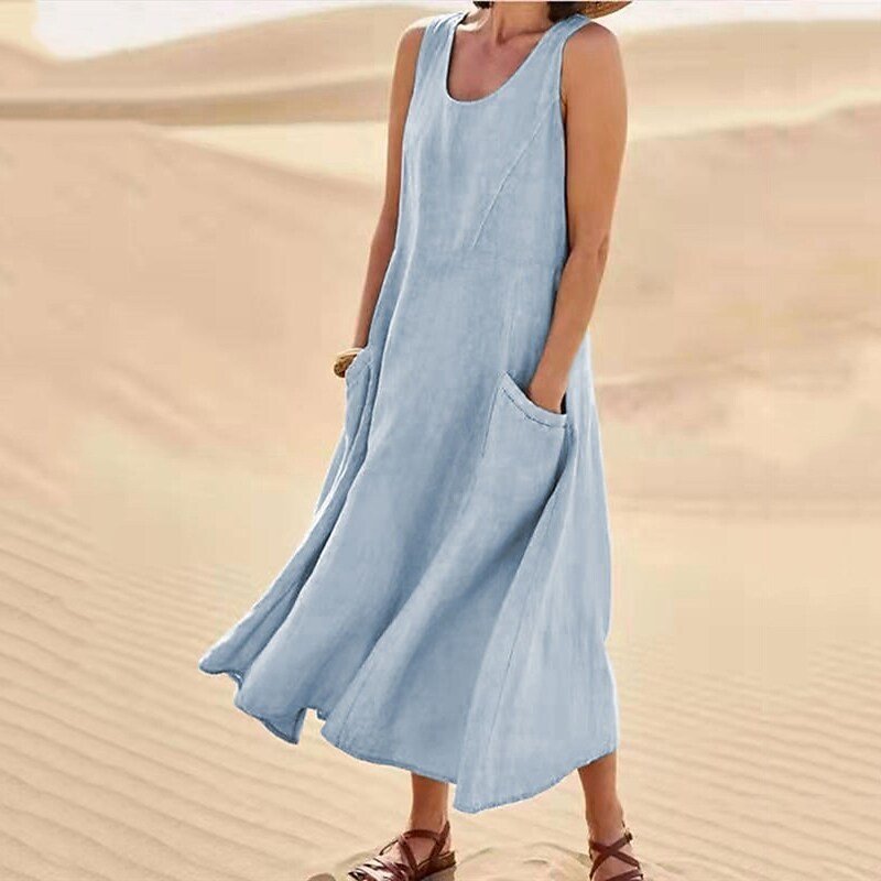 🌈👗【50% sleva 🔥】【12 barev, S-5XL】💖 Nové letní elegantní šaty bez rukávů z bavlny a tencelu s kulatým výstřihem