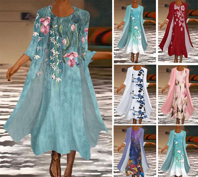 🌻 Sleva -42% 🔥🔥【S-5XL】Nové dámské maxi šaty s květinovým potiskem Dvoudílné šaty s kulatým výstřihem