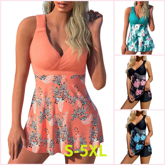 🌴🏖️🌈【50% zniżki 🔥】【S-5XL】😍2025 nowy zestaw kostiumów kąpielowych dla kobiet z nadrukiem w dużych rozmiarach, spodenki, spódnica z odkrytymi plecami, szybkoschnący materiał 