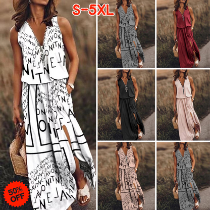 🎁💃【Sleva 50 % 💥】【S–5XL】Nové dlouhé ležérní šaty bez rukávů s potiskem, přiléhavým střihem a zipem, pro plnoštíhlé ženy