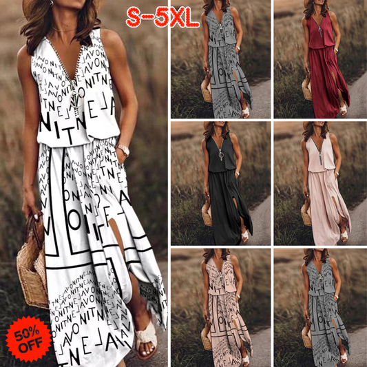 🎁 50% отстъпка 💥【40-120kg】Нова дълга ежедневна рокля без ръкави с щампа, вталена кройка и цип ✅️Плащане при доставка