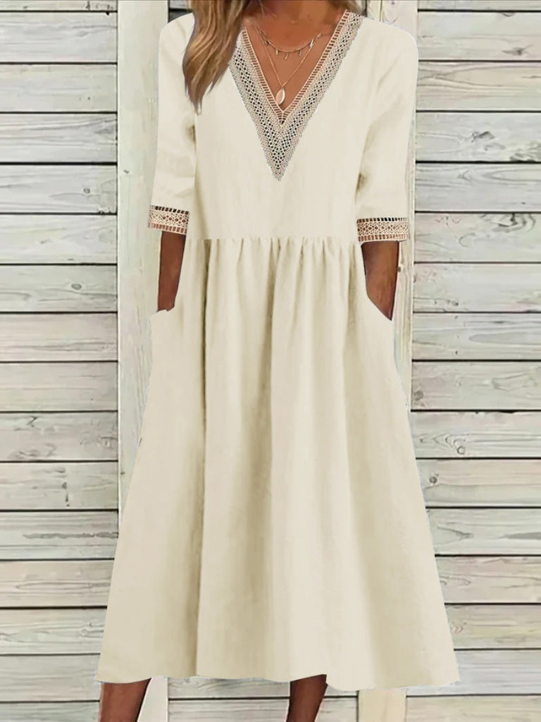 🌈👗【Sleva 50 % 🔥】【40–90 kg】👑 Ležérní dámské midi šaty z bavlny a lnu s krajkovým límečkem, ve větších velikostech
