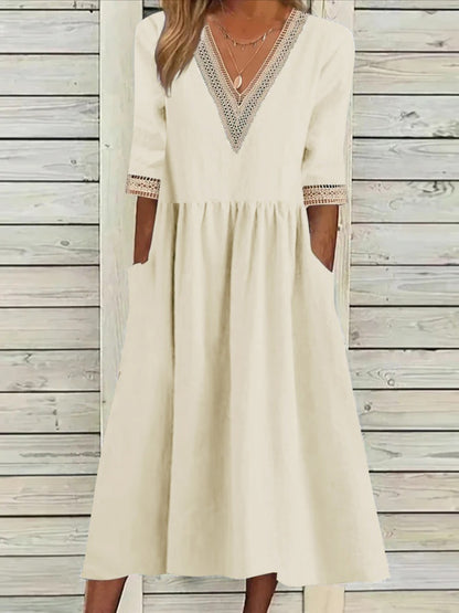 🌈👗【Sleva 50 % 🔥】【40–90 kg】👑 Ležérní dámské midi šaty z bavlny a lnu s krajkovým límečkem, ve větších velikostech