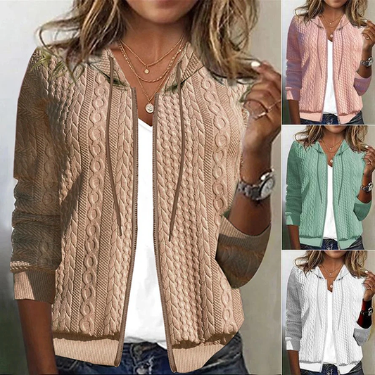 ✨✨Szezonális akció -42%✨ Női kapucnis cipzáras kardigán, egyszínű horgolt hosszú ujjú pulóver