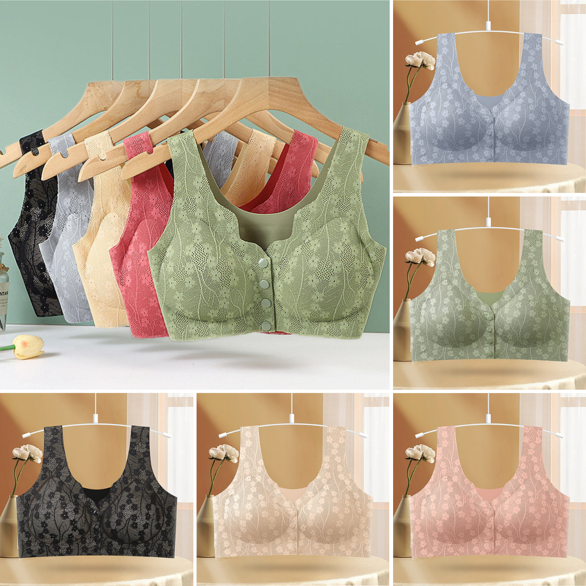 😍😍【50% zniżki】🎁💖【Zestaw 5 sztuk】Biustonosz damski bez stalowych fiszbin, zapięcie z przodu, bezszwowy jedwab lodowy