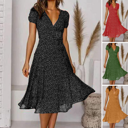 🌈💃【Sleva 50 % 🔥】👗😍 Nové dámské šaty 2025 ve větších velikostech s výstřihem do V a krátkými rukávy, květinové šaty s puntíky ve větších velikostech