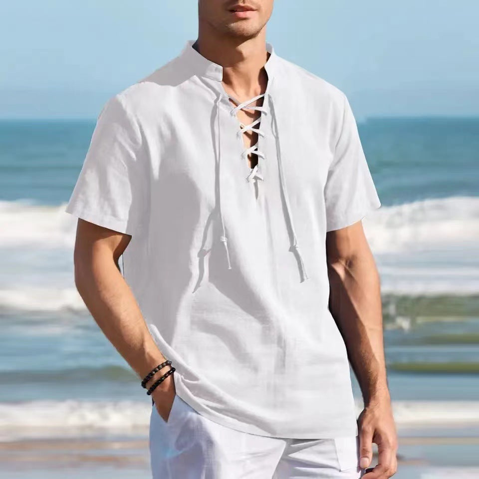 🏄‍♂️👔【Sleva 50 % 🔥】【S–3XL】Pánské Henley tričko z bavlny a lnu, ve větších velikostech, s výstřihem do V a dekorativní šňůrkou
