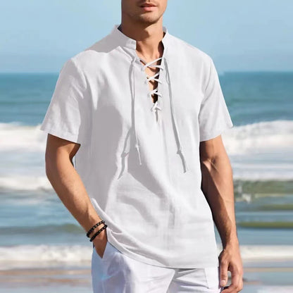 🏄‍♂️👔【Sleva 50 % 🔥】【S–3XL】Pánské Henley tričko z bavlny a lnu, ve větších velikostech, s výstřihem do V a dekorativní šňůrkou