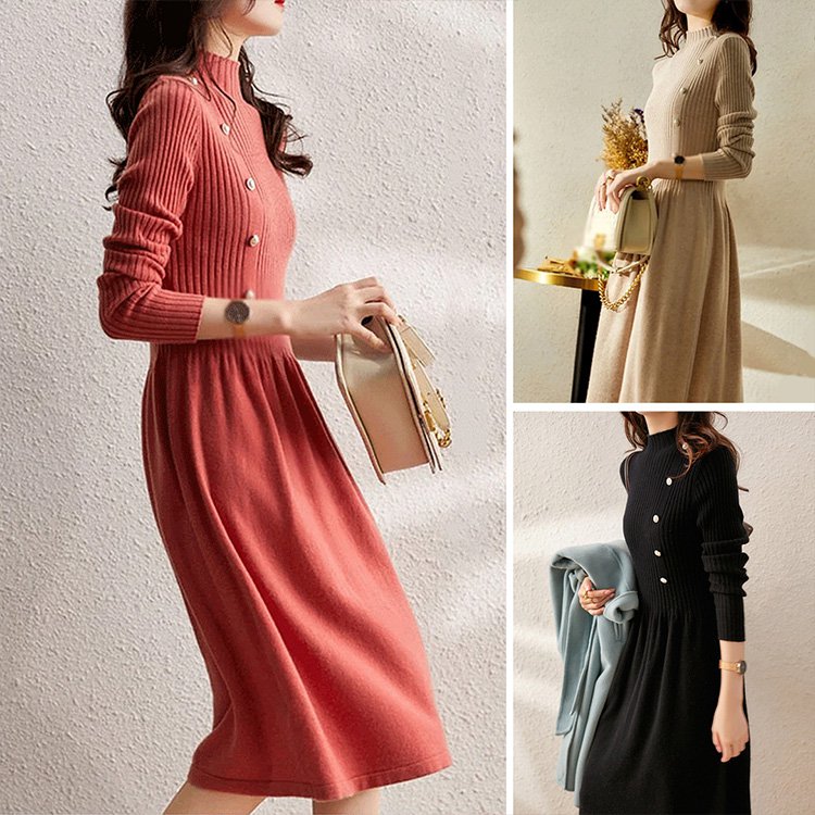 😍【S-2XL】Nové dámské módní pletené šaty s vysokým výstřihem a korálkovými knoflíky