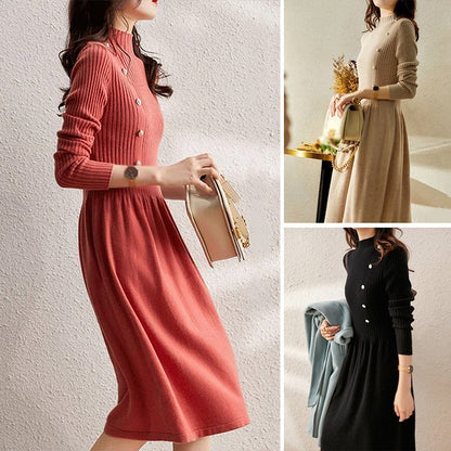 😍【S-2XL】Nové dámské módní pletené šaty s vysokým výstřihem a korálkovými knoflíky