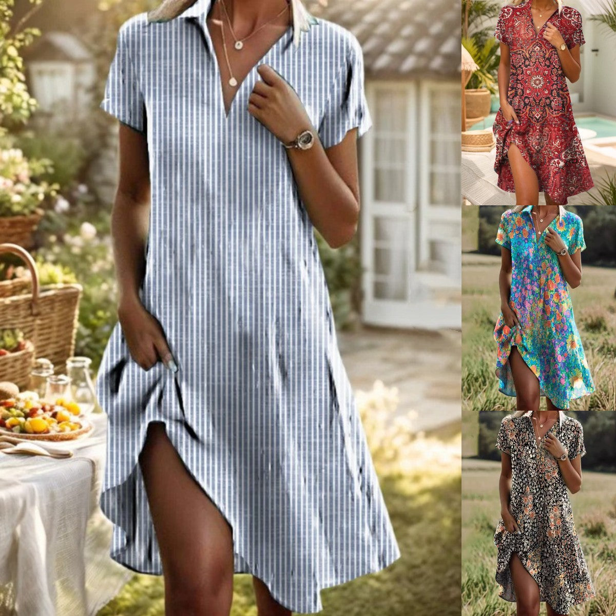 👔👗【Sleva 50 % ✨】【XS–3XL】Letní nové boho šaty s krátkým rukávem, výstřihem do V a stojacím límečkem, s potiskem