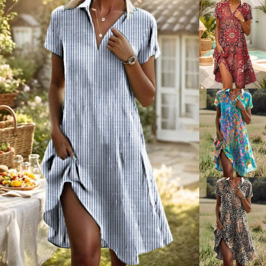 👔👗【Sleva 50 % ✨】【XS–3XL】Letní nové boho šaty s krátkým rukávem, výstřihem do V a stojacím límečkem, s potiskem