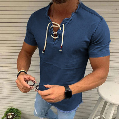 🤠【S–4XL✨】👔 Férfi rövid ujjú fűzős farmerpóló, rugalmas anyagból, nagy méretekben