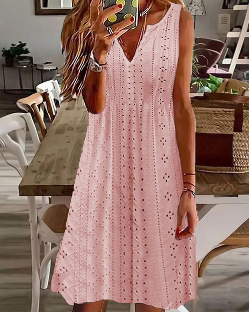 🧚‍♀️【Sleva 50 % 🔥】【S–5XL】😍 Nové letní dámské šaty ve větších velikostech, jednobarevné, bez rukávů, s výstřihem do V a prodyšným žakárovým vzorem